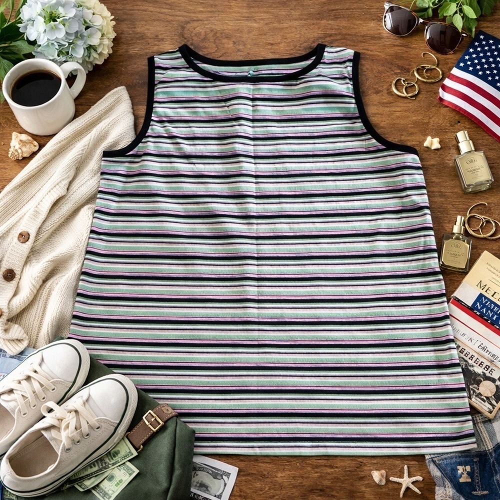 Coastal Grandma Striped Tank Top Preppy Casual Summer Layering Top Womens 2X